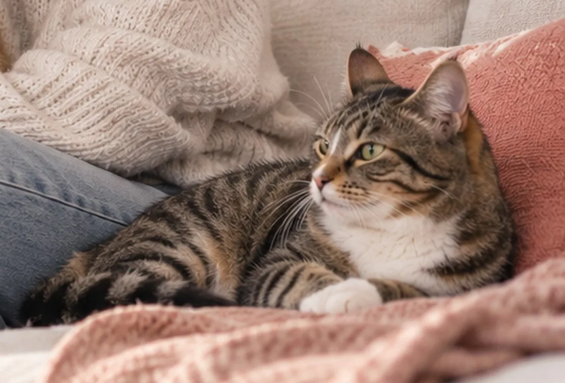 Tabby cat resting on a sofa cushion